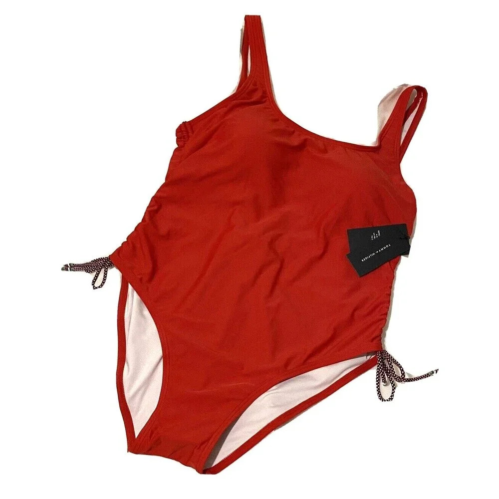 Tommy Hilfiger One Piece High Cut Cheeky Tank 16 NWT Red Ruched UPF Preppy Swim‎